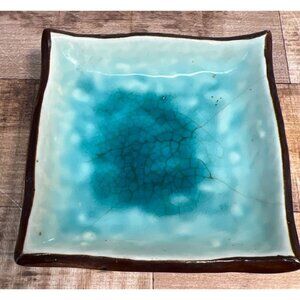 Handmade Ceramic Square Decorative Dish Brown & Aqua Crackle Glaze